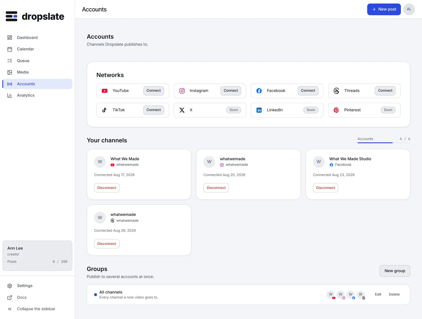 The Accounts page: Networks with Connect buttons and X, LinkedIn and Pinterest marked Soon, and Your channels with four connected accounts - YouTube, Instagram, a Facebook Page and Threads.