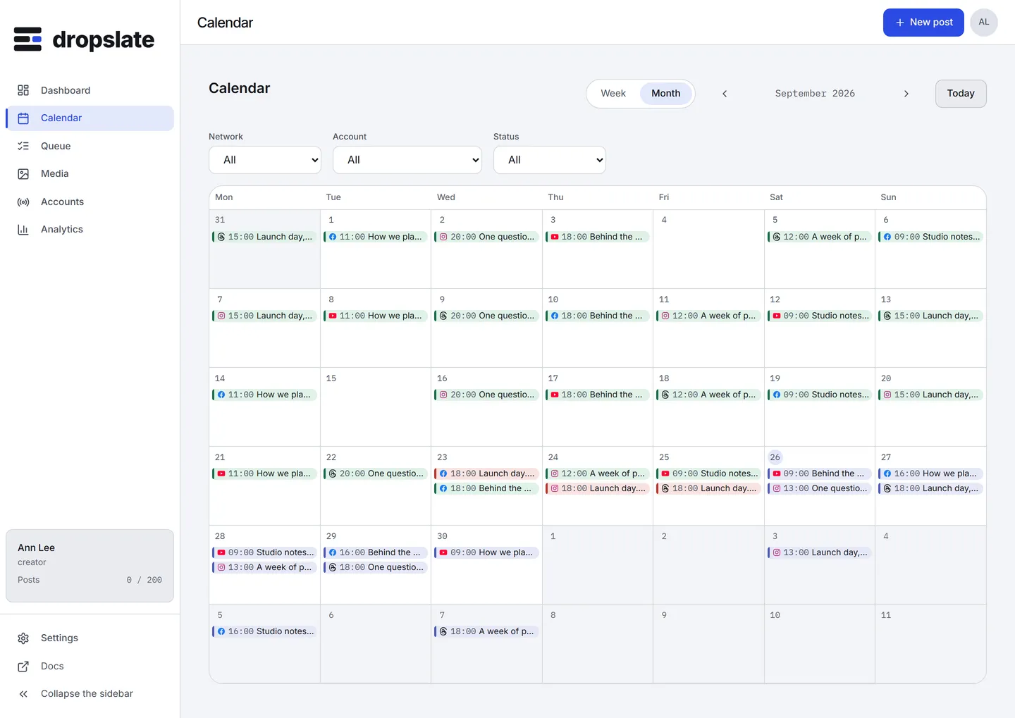The Calendar in Month view with posts of several networks and statuses on their days, the Network, Account and Status filters, Today, and the Week and Month toggles.