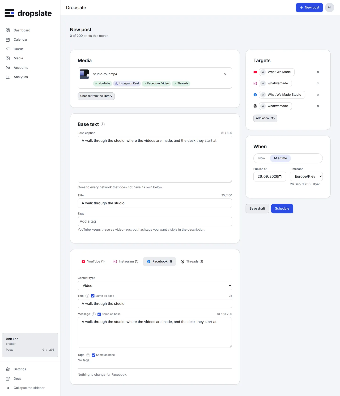 The Facebook tab in the composer: Content type (Text, Photo, Video, Reel, Story), Message with Same as base, and a Link field for a text post.