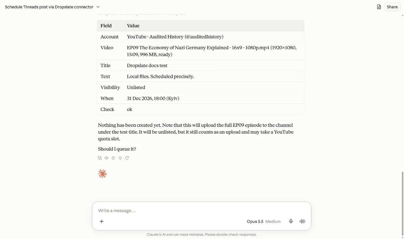 A Claude chat: the agent shows the plan table and asks to confirm, then reports the posts as queued with their times.