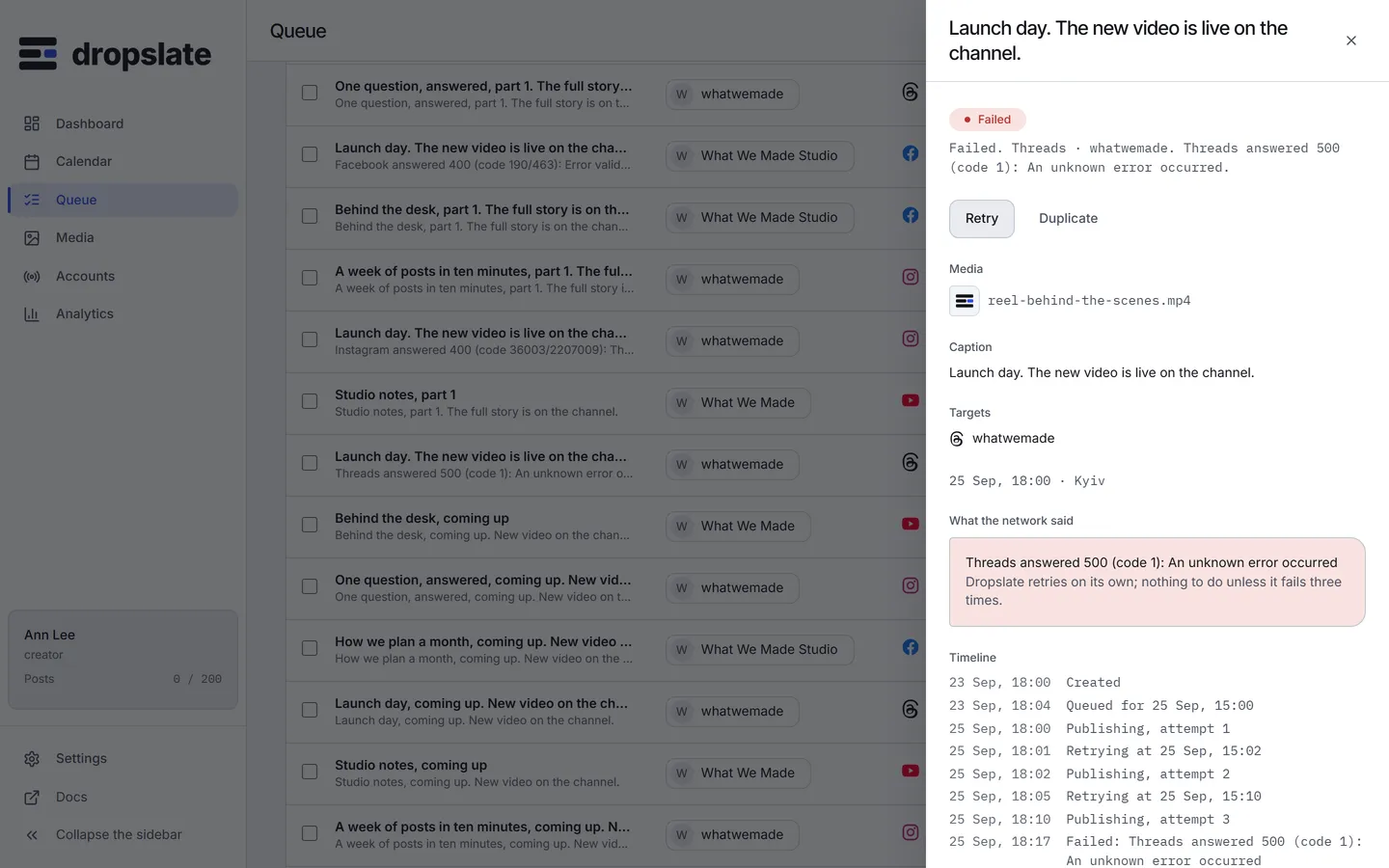 The post drawer of a failed post: the network's message verbatim, the timeline with the attempts, and the Retry button.