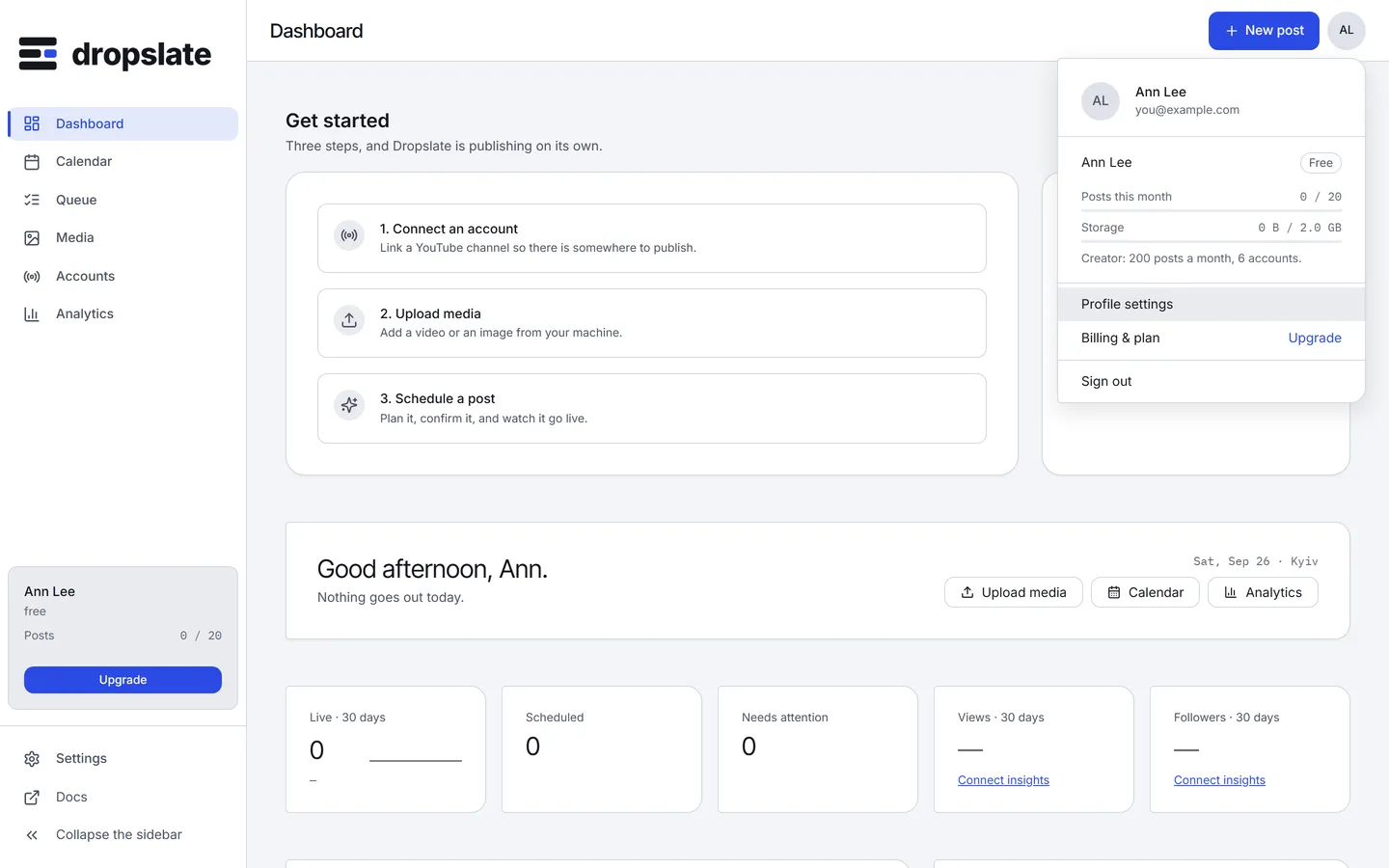 The profile popover from the header: name and email, the plan with this month's posts and storage, Profile settings, Billing and plan, and Sign out.
