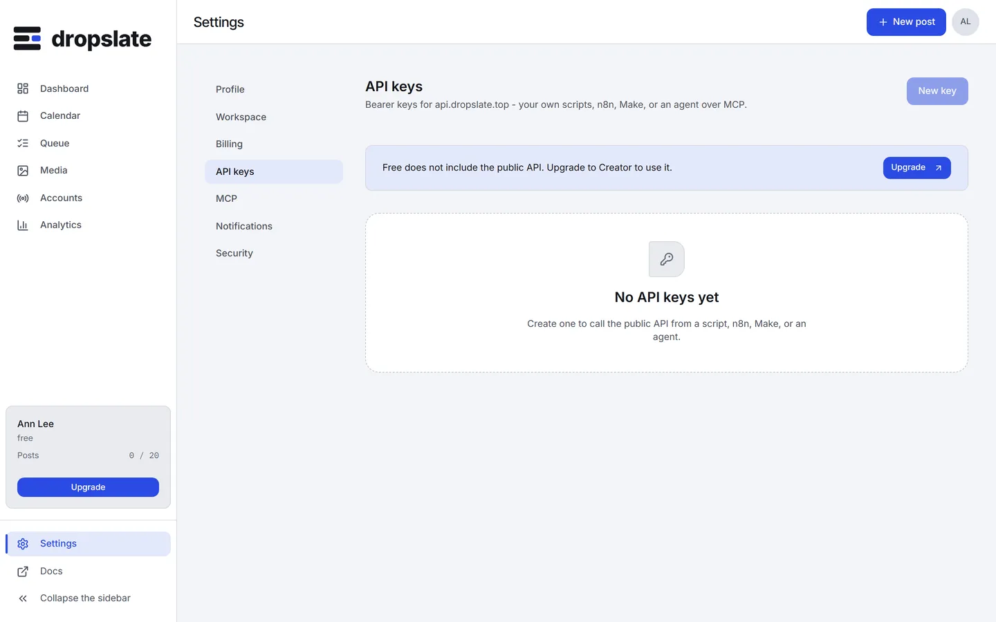 Settings → API keys: the list of keys with name, prefix, scope and last use, and the New key button; here the empty state No API keys yet.
