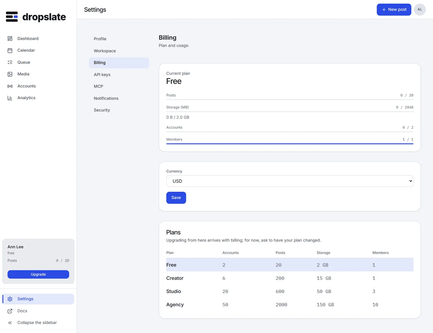 Settings → Billing: Current plan, usage meters for posts, storage, accounts and members, Currency, and the Plans table.