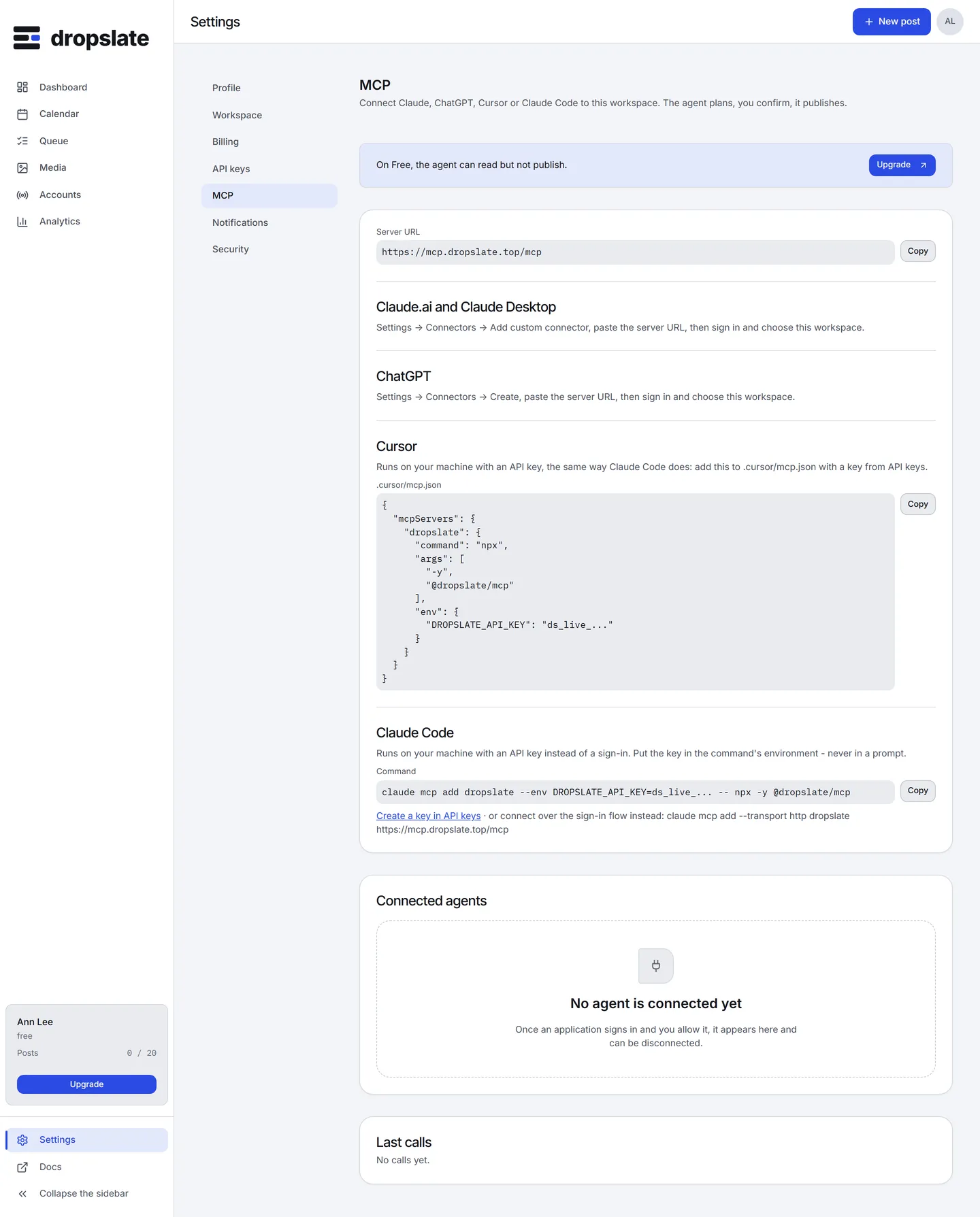 Settings → MCP: the Server URL, the steps for each client, the claude mcp add command, and Connected agents.