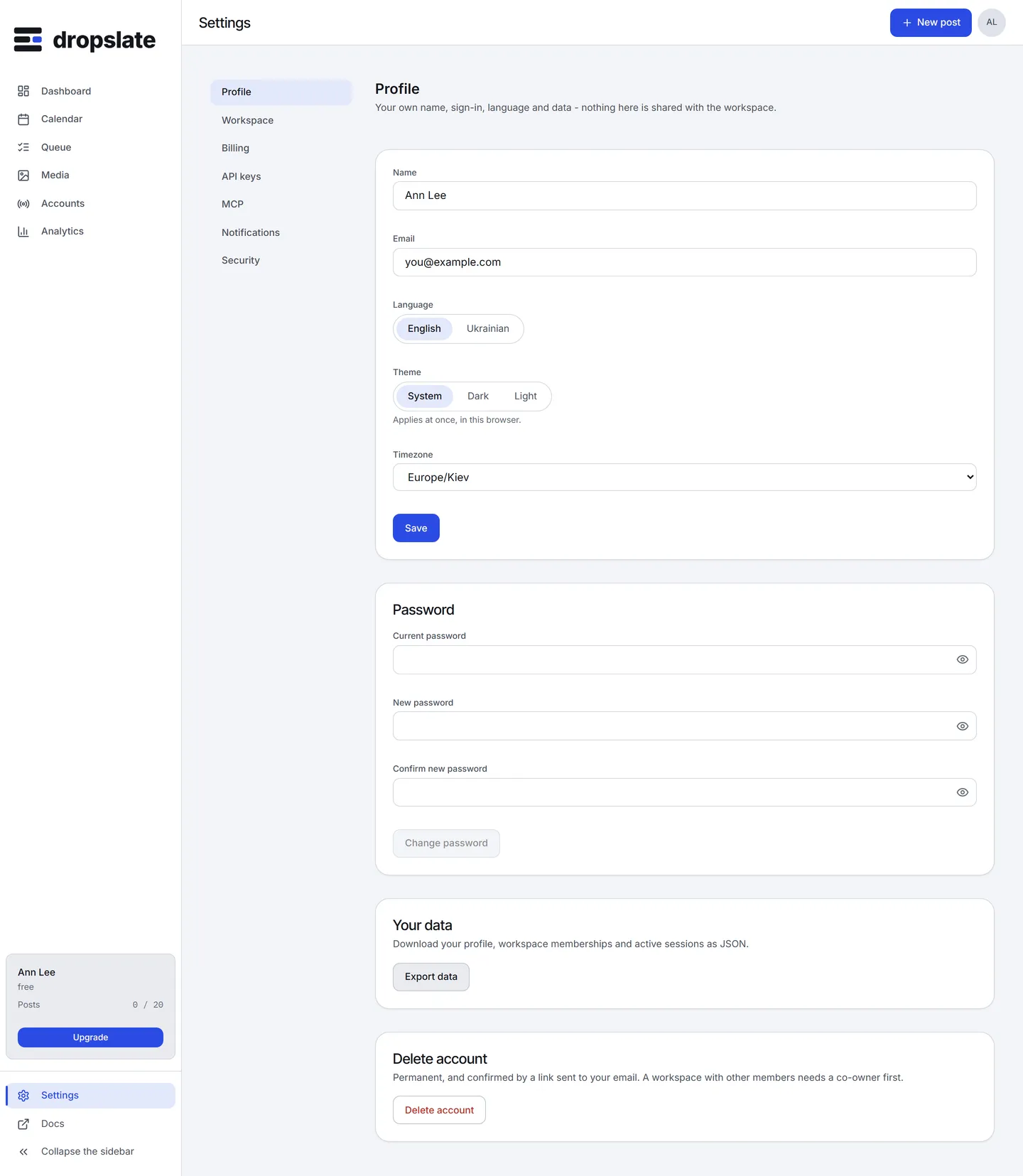 Settings → Profile: Name, Email, Language with English and Ukrainian, Theme, Timezone, and the Password section.