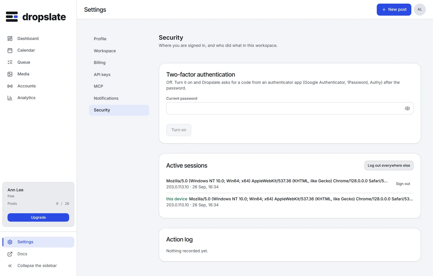 Settings → Security: two-factor sign-in, Active sessions with this device marked, and the Action log.